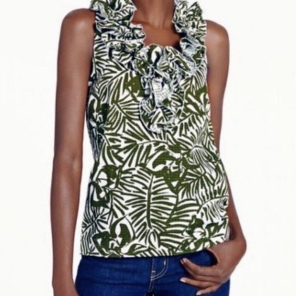KATE SPADE Orchid Lucille Ruffled Textured Tank Top in Green & White - 6